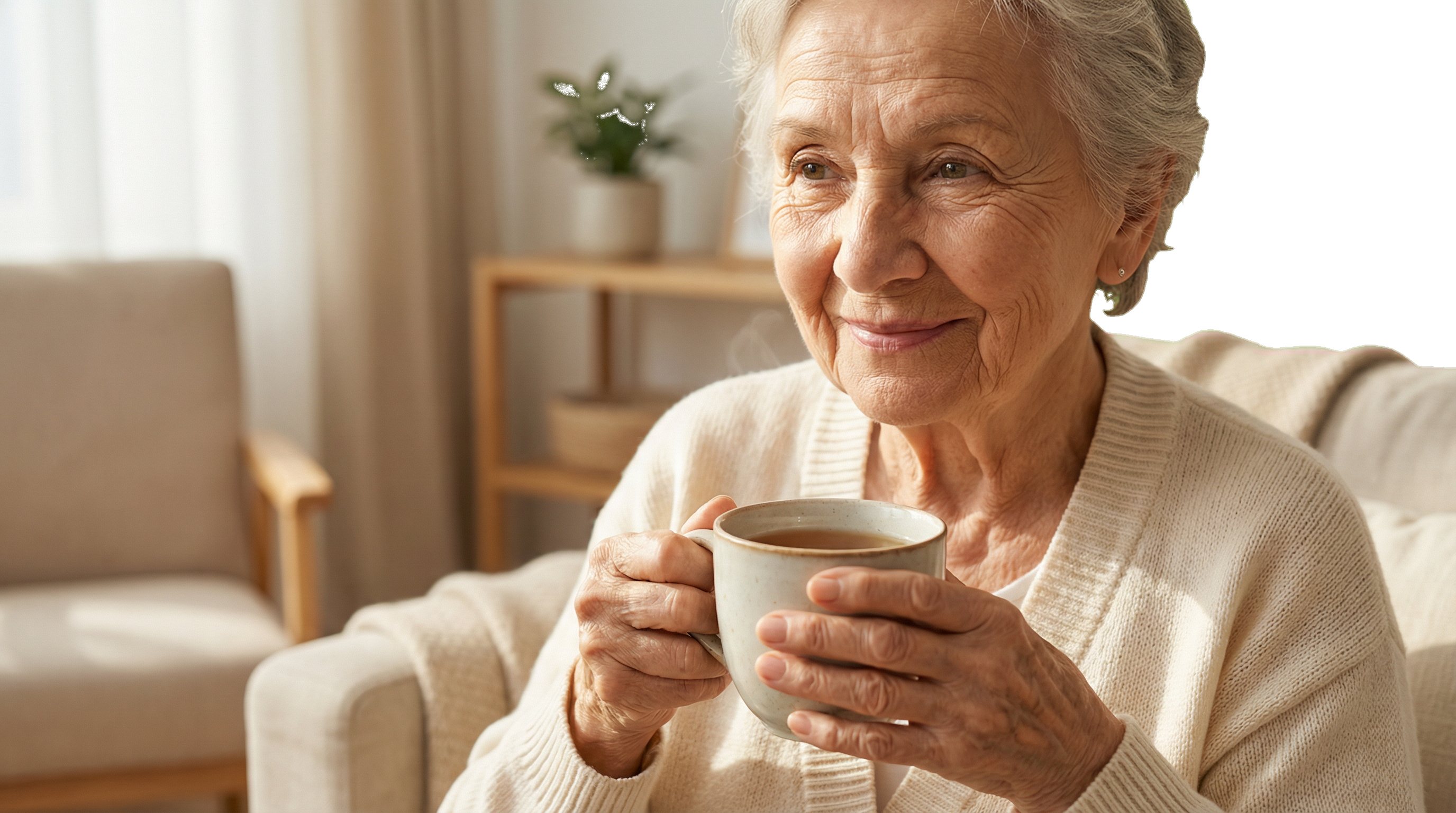 Sénior souriante prenant le thé