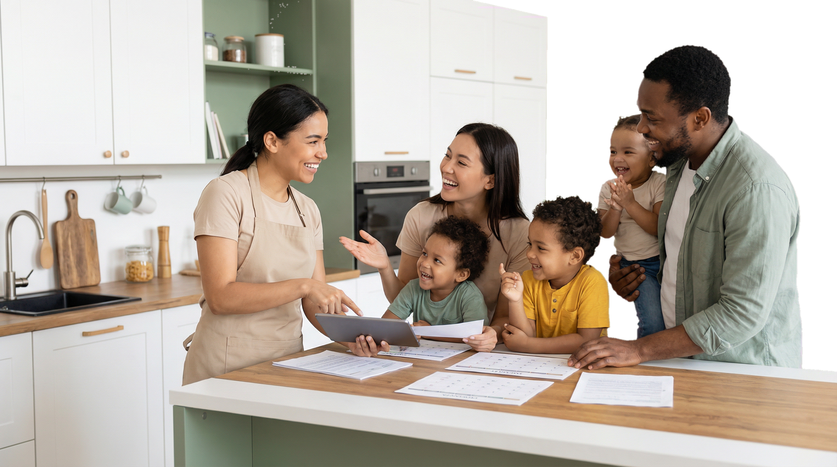 Famille heureuse avec aide à domicile